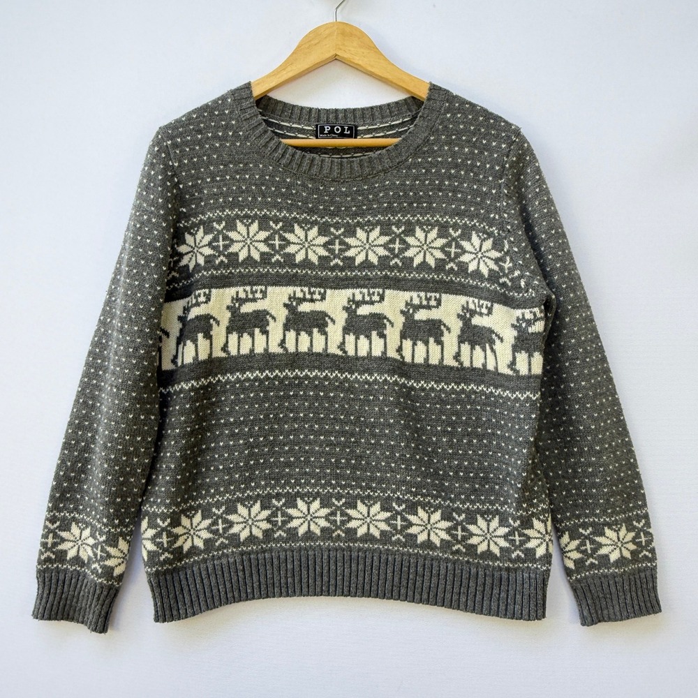 POL‎ Womens Large Sweater Grey Reindeer Fair Isle Snowflake Knit Festive Scandi